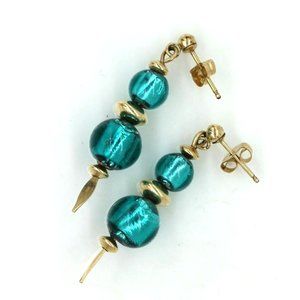 14K gold filled, foil glass EARRINGS, post, drop dangle, signed, 1 1/4", 2.7 gra